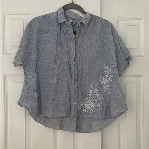 Madewell Blue Striped 100% Cotton Shirt with White Floral embroidery